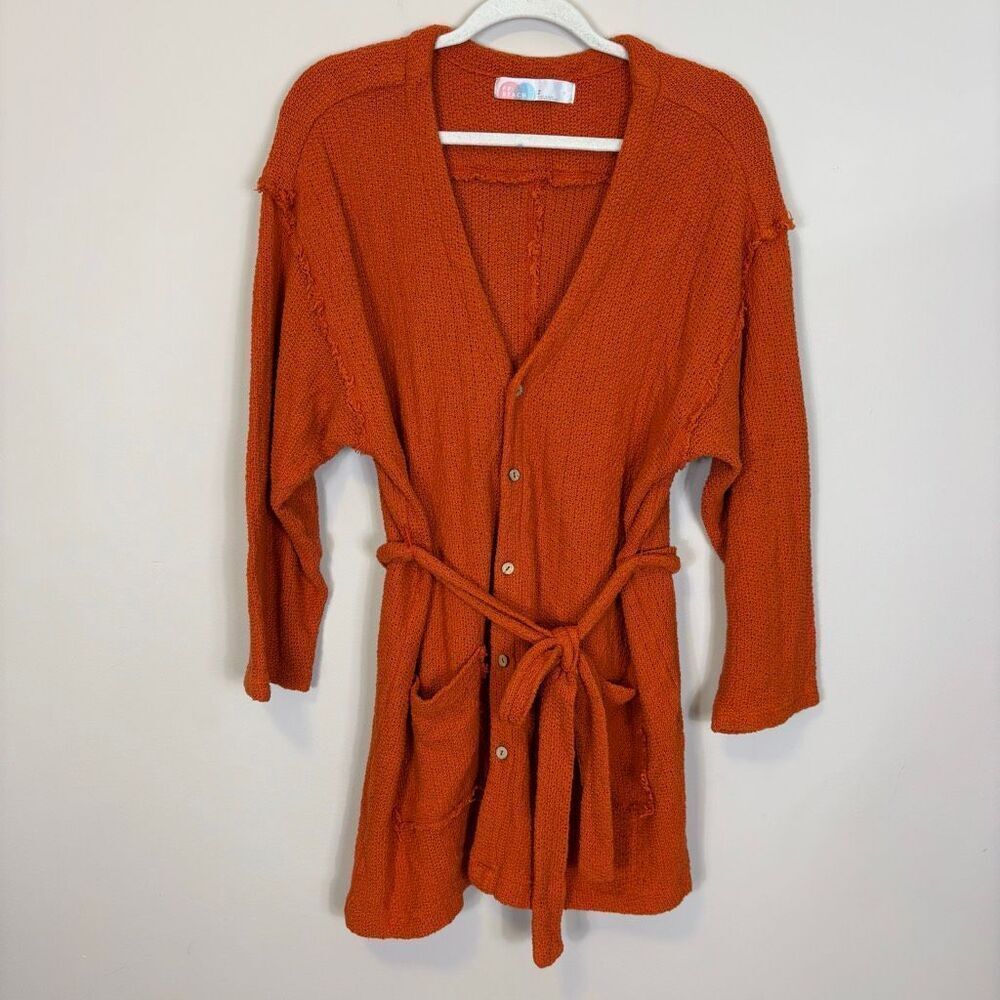 Free People Beach Orange Knit 100% Cotton V Neck Button Front Cardigan Sweater S